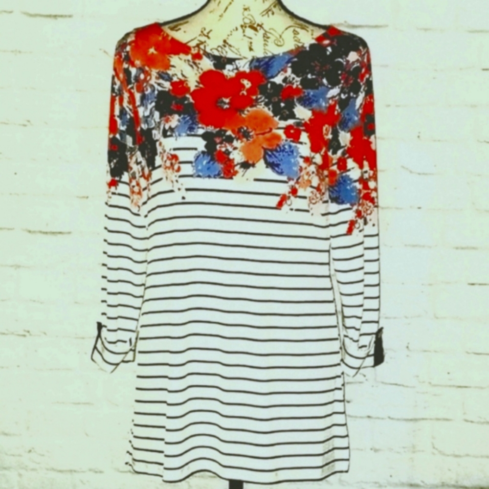 Charter Club Women's Floral and Striped 3/4 Sleeves Tunic Top, Size M